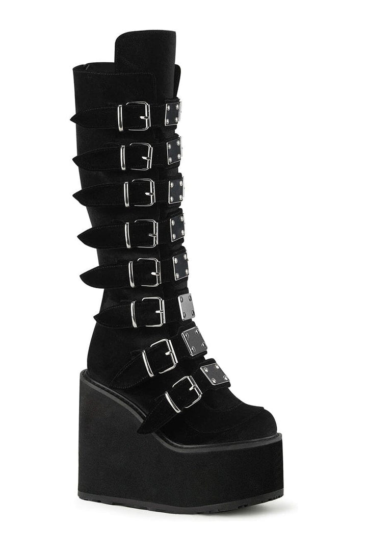 SWING-815 Black Vegan Suede Knee Boot-Knee Boots-Demonia-Black-10-Vegan Suede-SEXYSHOES.COM