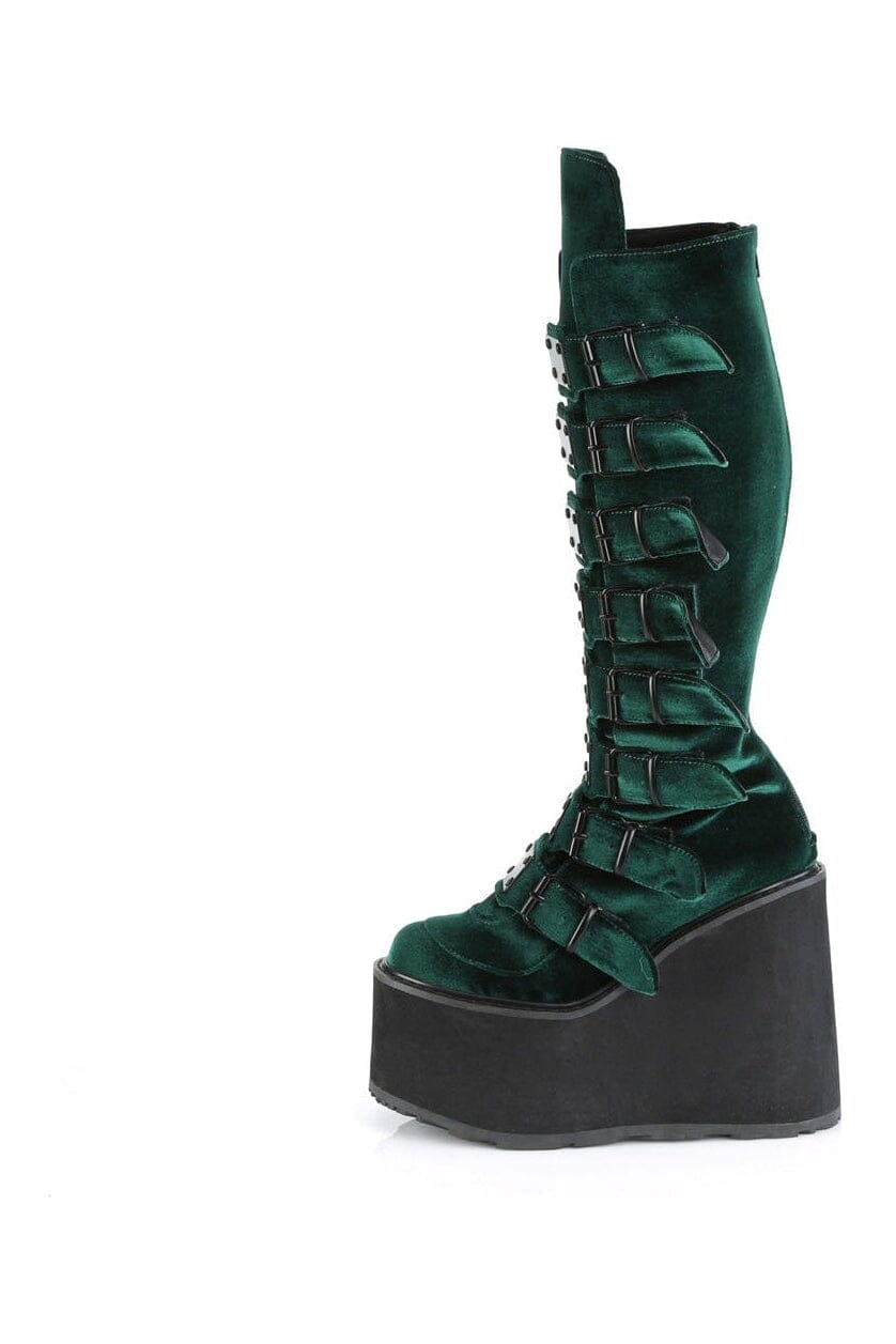 Demonia SWING-815 Green Vegan Suede Knee Boot in Green Vegan Suede