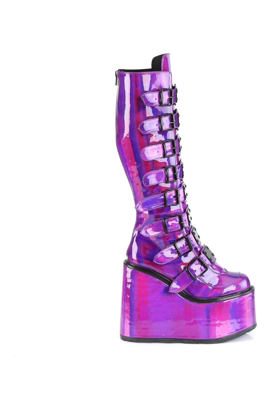 Demonia SWING-815 Purple Hologram Patent Knee Boot in Purple Hologram Patent