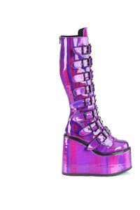 Demonia SWING-815 Purple Hologram Patent Knee Boot in Purple Hologram Patent