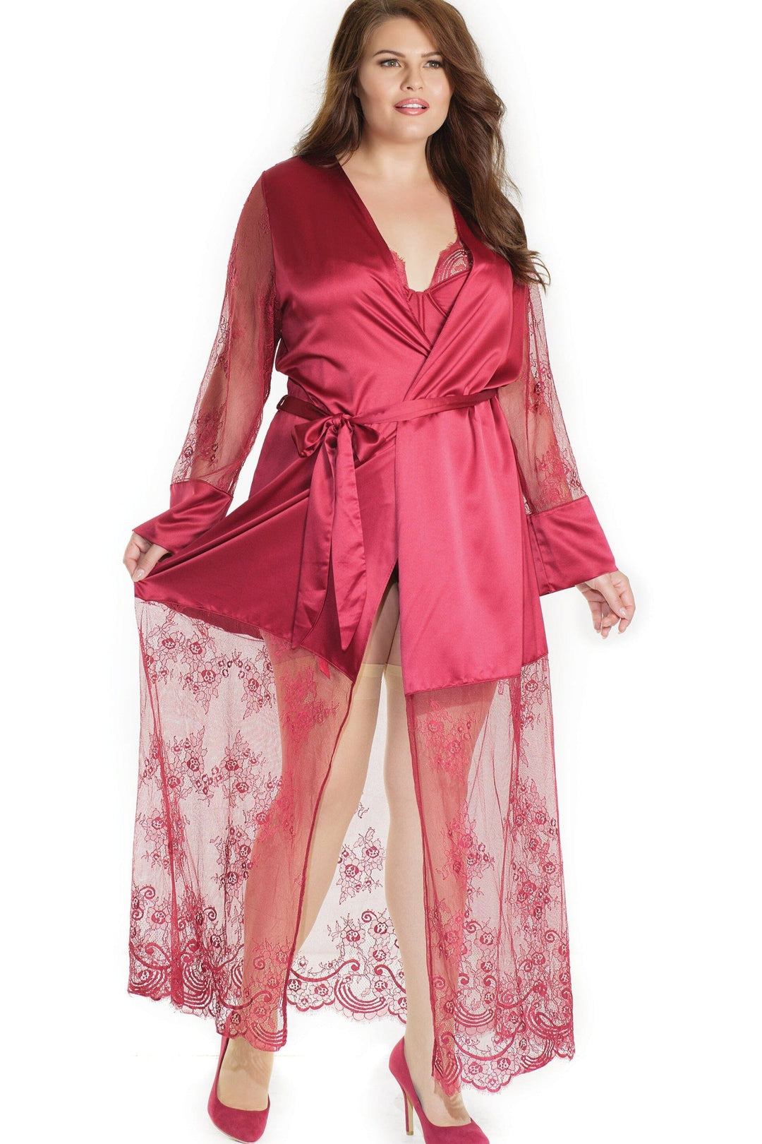 Satin Robe With Eyelash Lace Detail | Plus Size-Gowns + Robes-Coquette-Red-Q-SEXYSHOES.COM