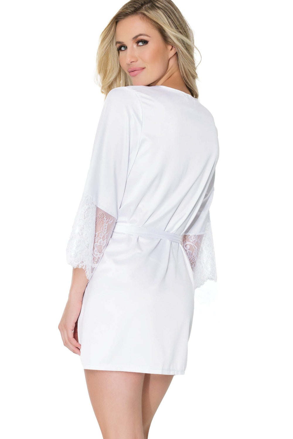 Satin Robe With Eyelash Lace Sleeves-Gowns + Robes-Coquette-White-O/S-SEXYSHOES.COM