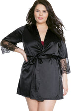 Satin Robe With Eyelash Lace Sleeves | Plus Size