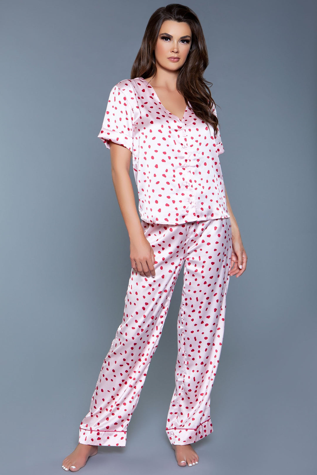 BeWicked Satin V Neck PJ Set in Pink  from SexyShoes.com