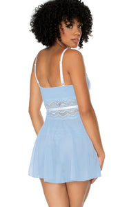 Coquette Scallop Lace Mesh Babydoll And Thong in Blue 