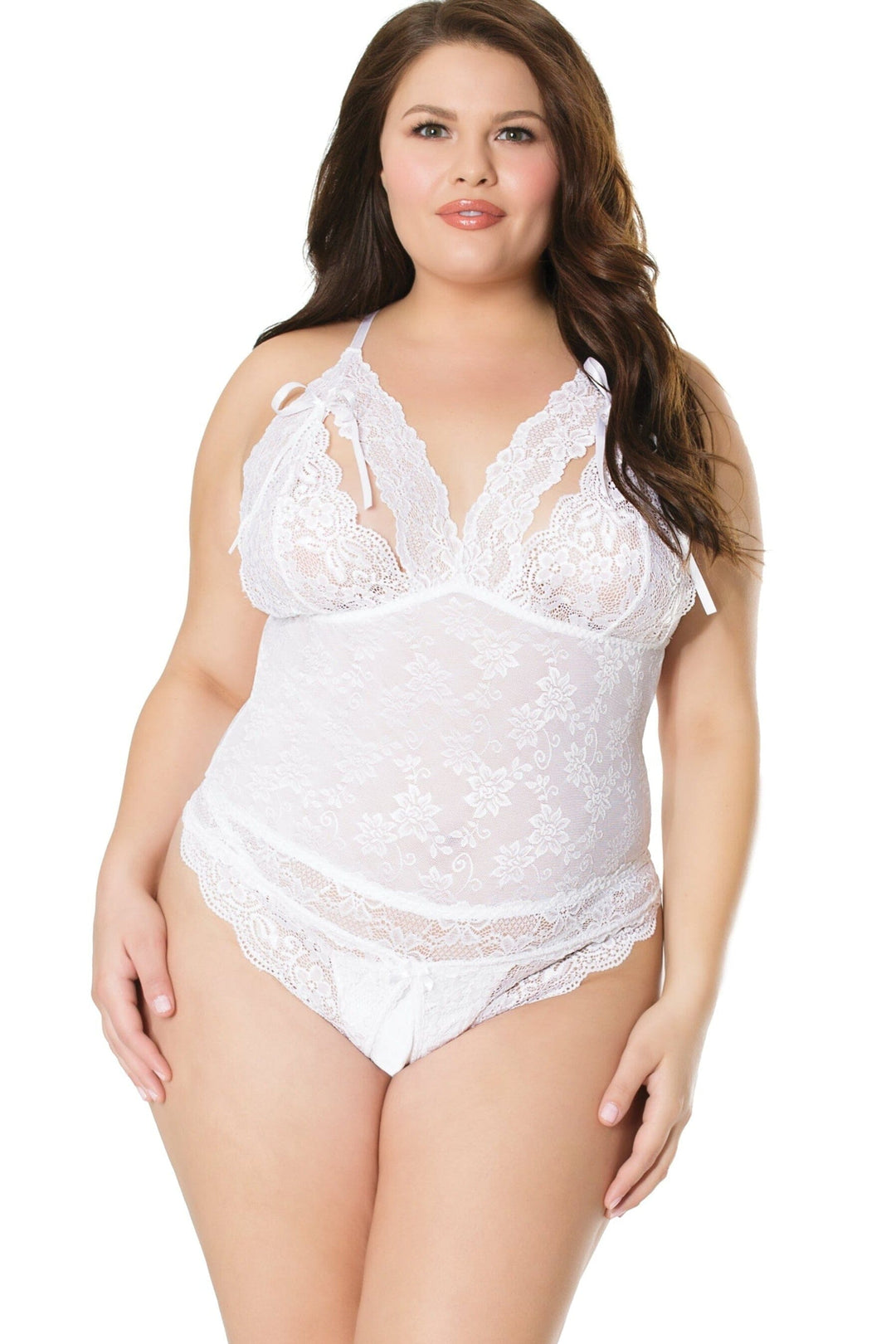 Coquette Scallop Stretch Lace Crotchless Teddy in White  from SexyShoes.com