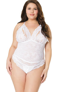 Coquette Scallop Stretch Lace Crotchless Teddy in White  from SexyShoes.com