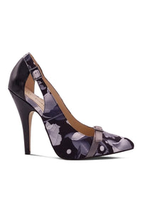 Sexyshoes Signature Flirty Floral Printed Pump with Buckle Detail in Black Faux Leather
