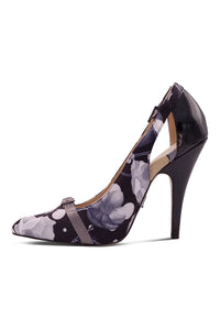 Sexyshoes Signature Flirty Floral Printed Pump with Buckle Detail in Black Faux Leather