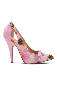 Sexyshoes Signature Flirty Floral Print Pump with Buckle Detail in Pink Satin