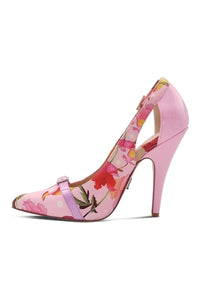 Sexyshoes Signature Flirty Floral Print Pump with Buckle Detail in Pink Satin