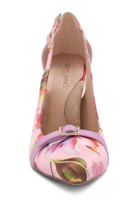 Sexyshoes Signature Flirty Floral Print Pump with Buckle Detail in Pink Satin