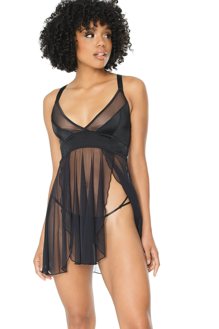 Sheer Babydoll With Side Slit Set-Babydolls-Coquette-Black-O/S-SEXYSHOES.COM