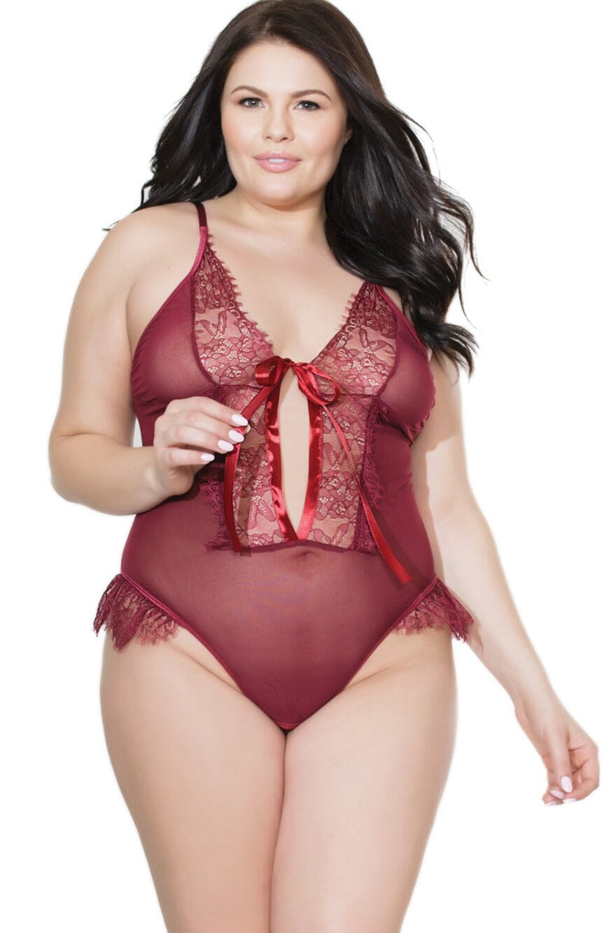 Sheer Lace Crotchless Teddy | Plus Size-Teddies-Coquette-Red-Q-SEXYSHOES.COM