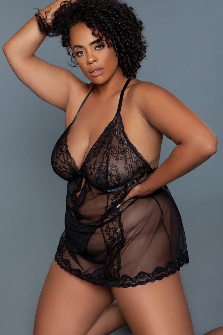 Sheer Mesh Babydoll With Cross Back Straps-Babydolls-SEXYSHOES.COM