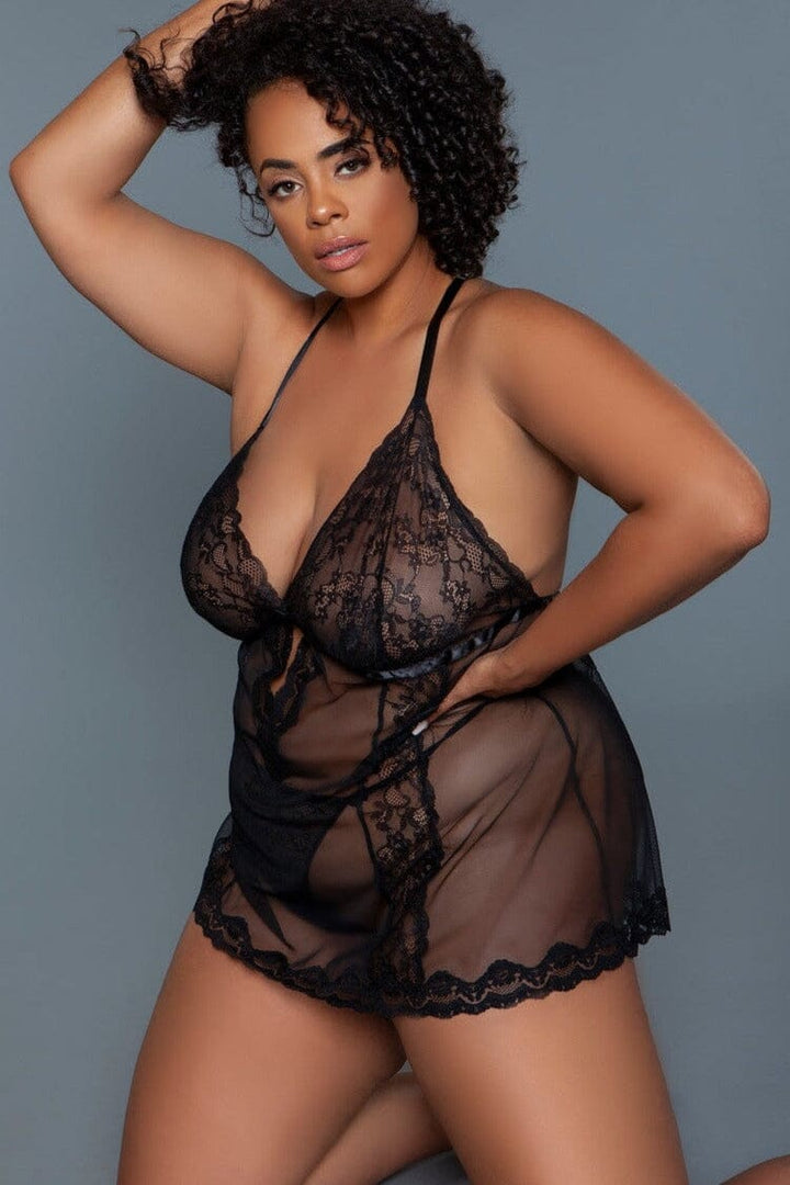 Sheer Mesh Babydoll With Cross Back Straps-Babydolls-SEXYSHOES.COM