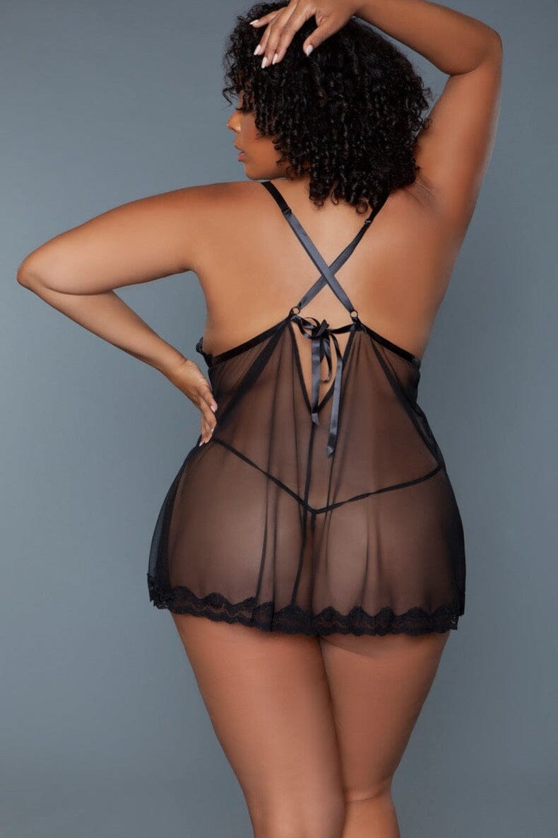 Sheer Mesh Babydoll With Cross Back Straps-Babydolls-SEXYSHOES.COM