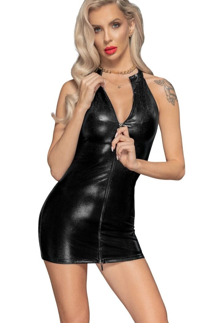 Snake wet look mini-dress with front zipper-Fetish Dresses-Noir Handmade-Black-S-SEXYSHOES.COM