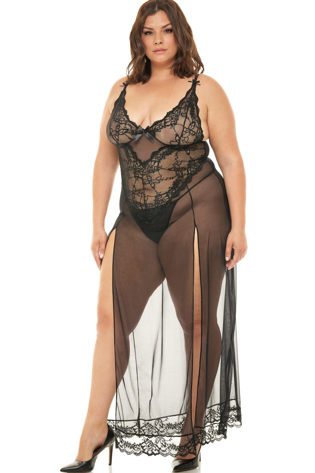 Soft Cup Gown With Lace Detail + G-String-Babydolls-Oh La La Cheri-Black-2XL-SEXYSHOES.COM