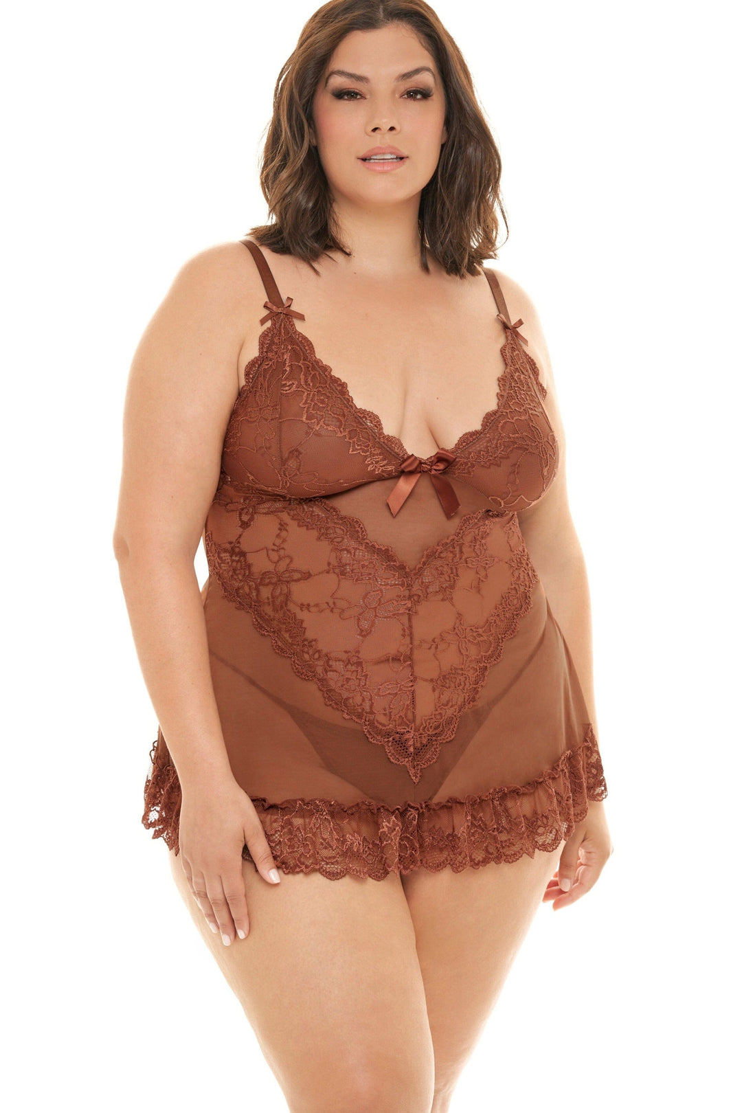 Soft Cup Lacey Babydoll With Bows And G-String-Babydolls-Oh La La Cheri-Brown-3X/4X-SEXYSHOES.COM