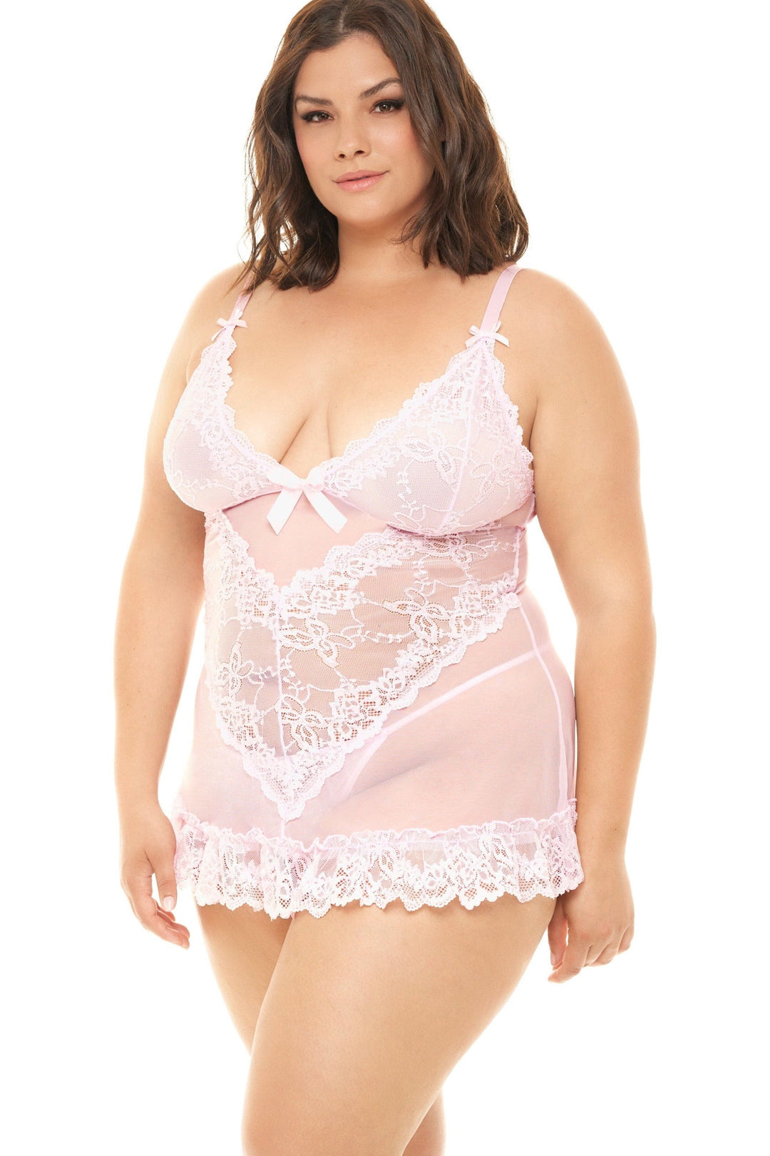 Soft Cup Lacey Babydoll With Bows And G-String-Babydolls-Oh La La Cheri-Pink-3X/4X-SEXYSHOES.COM