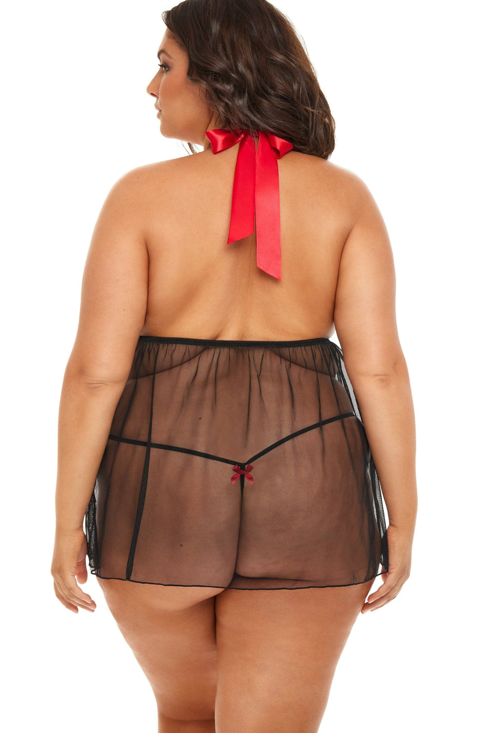 Soft Cup Mesh Babydoll With Functional Halter Ties And Bow Details-Babydolls-Oh La La Cheri-Black-Q-SEXYSHOES.COM