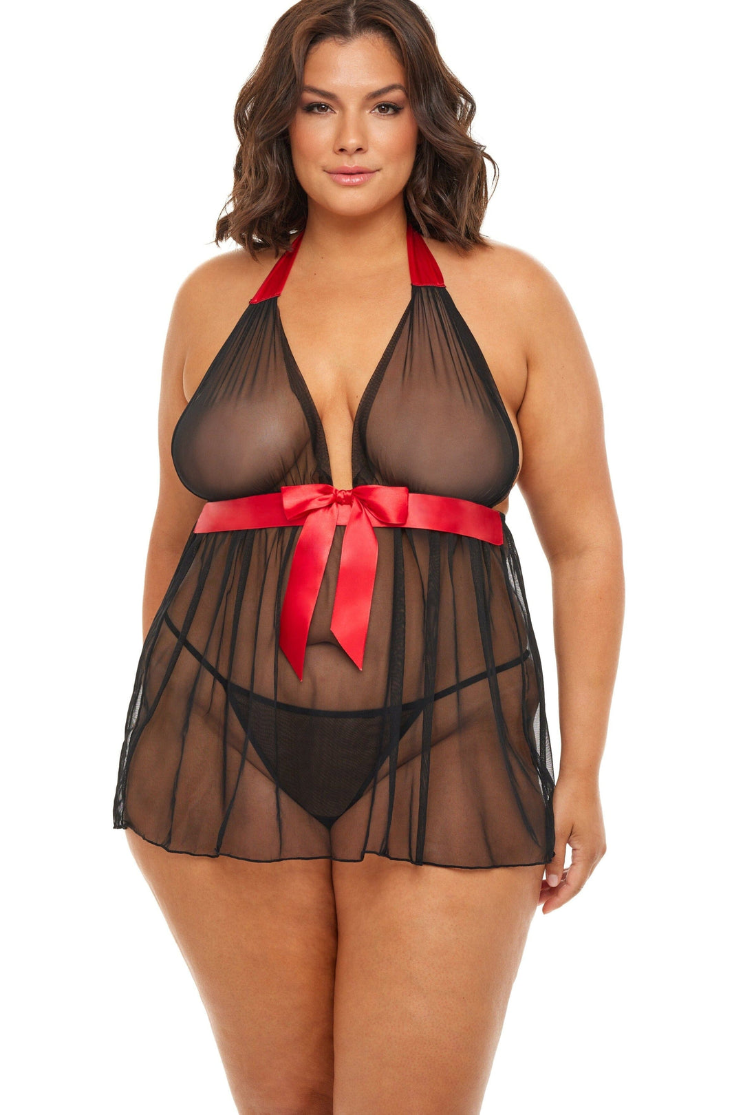Soft Cup Mesh Babydoll With Functional Halter Ties And Bow Details-Babydolls-Oh La La Cheri-Black-Q-SEXYSHOES.COM