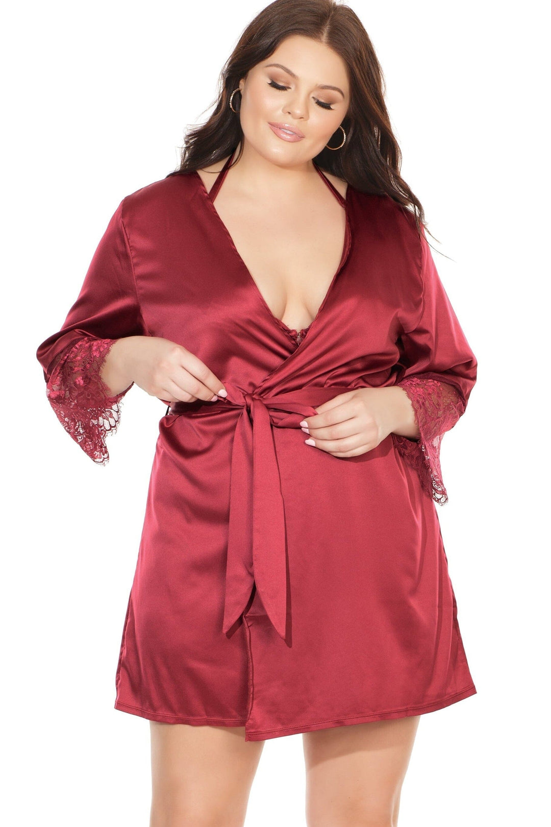 Soft Stretch Satin Robe | Plus Size-Gowns + Robes-Coquette-Red-Q-SEXYSHOES.COM