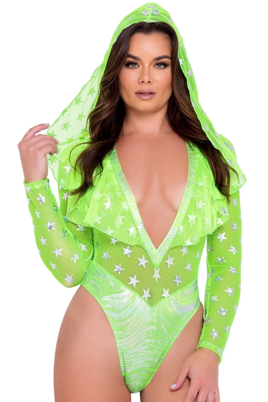 Star Child Green Mesh Hooded Romper-Dancewear Rompers-Roma Dancewear-Neon-L-SEXYSHOES.COM