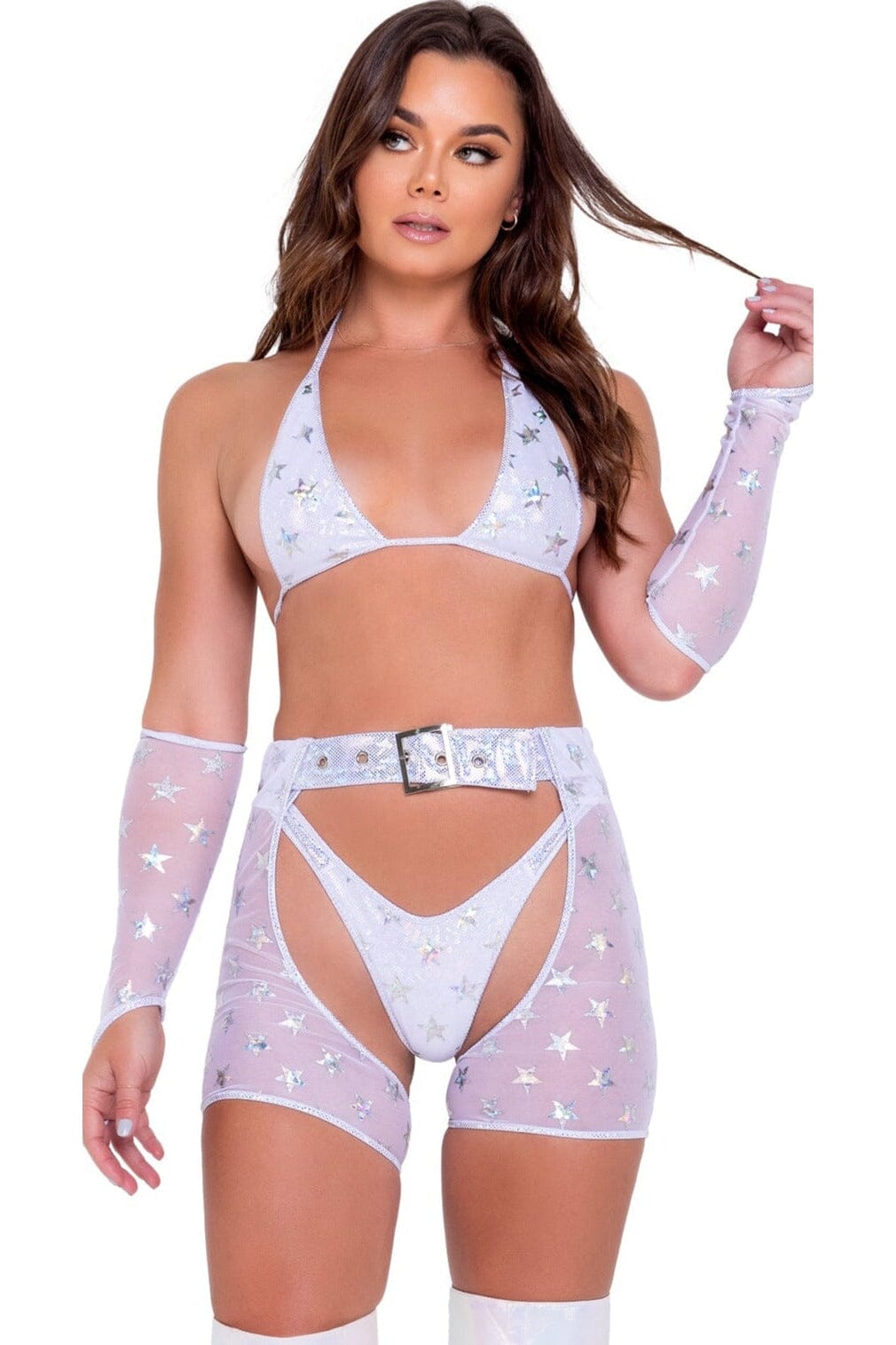 Star Child White Mesh Chaps with Belt-Chaps-Roma Dancewear-White-L-SEXYSHOES.COM