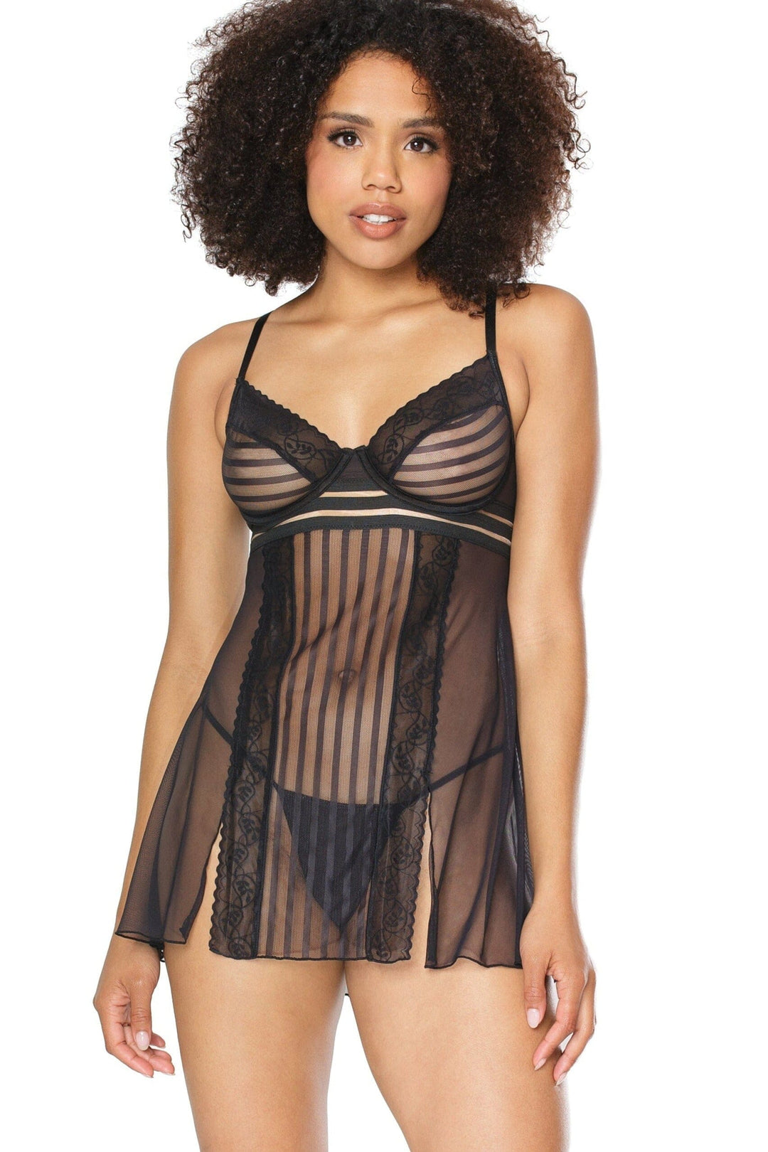 Coquette Striped Babydoll & Panty Set in Black  from SexyShoes.com