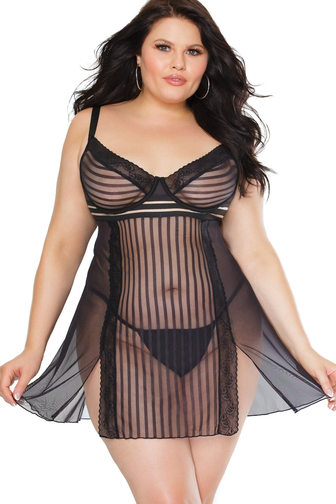 Coquette Striped Babydoll & Panty Set in Black  from SexyShoes.com