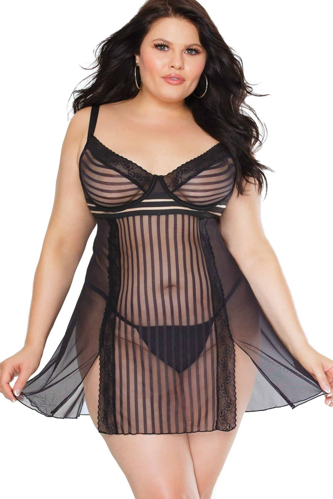 Striped Babydoll & Panty Set | Plus Size-Babydolls-Coquette-Black-1/2XL-SEXYSHOES.COM