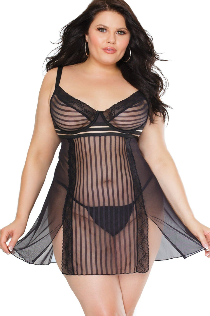Striped Babydoll & Panty Set | Plus Size-Babydolls-Coquette-Black-1/2XL-SEXYSHOES.COM