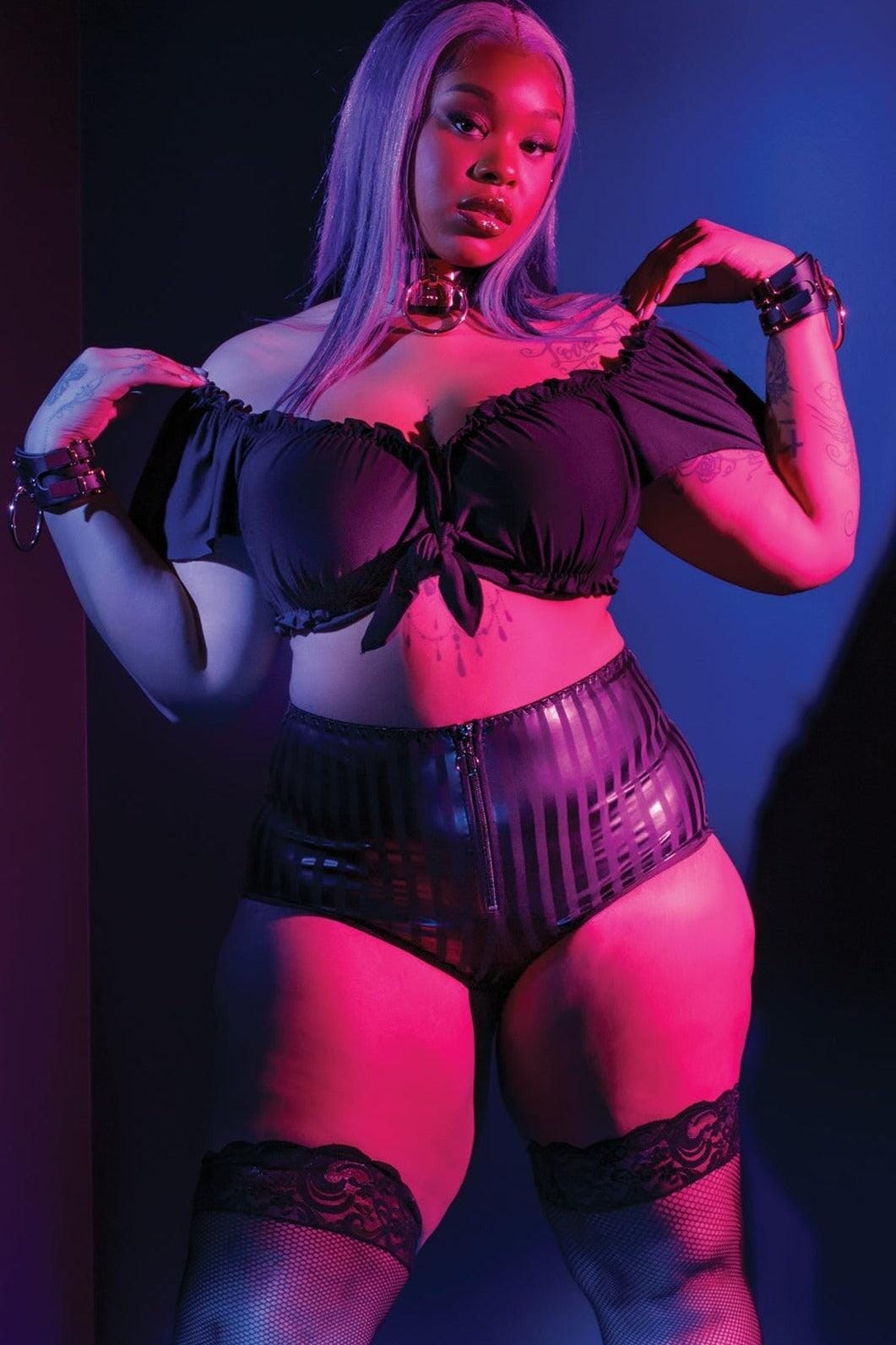 Stripped Matte-Gloss Booty Shorts-Fetish Shorts-SEXYSHOES.COM