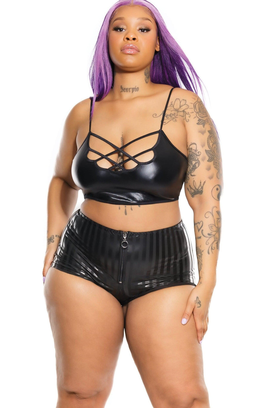 Coquette Stripped Matte Gloss Booty Shorts in Black  from SexyShoes.com