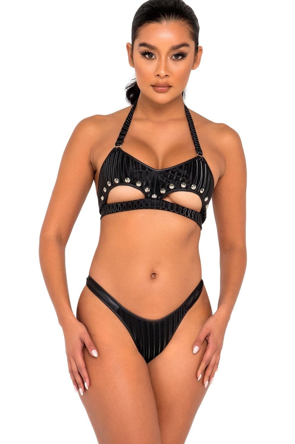 Studded Top with Underboob Cutout-Halter Tops-Roma Dancewear-Black-L-SEXYSHOES.COM