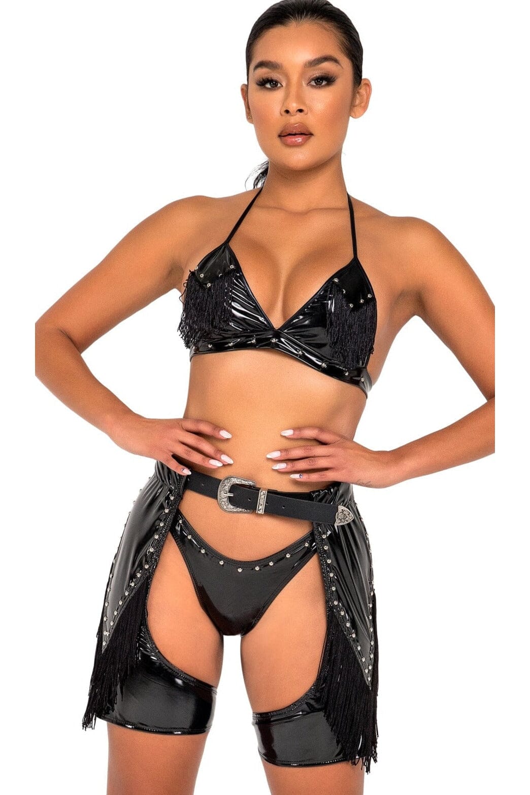 Roma Dancewear Studded Vinyl Belt Chaps with Belt and Fringe in Black  from SexyShoes.com