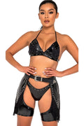 Studded Vinyl Belt Chaps with Belt and Fringe