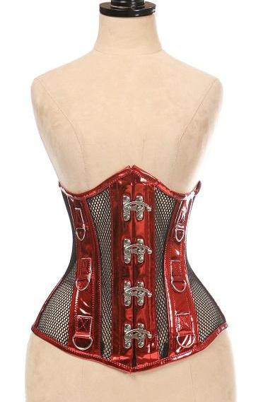 Top Drawer Red Metallic PVC & Fishnet Steel Boned UnderBust Corset