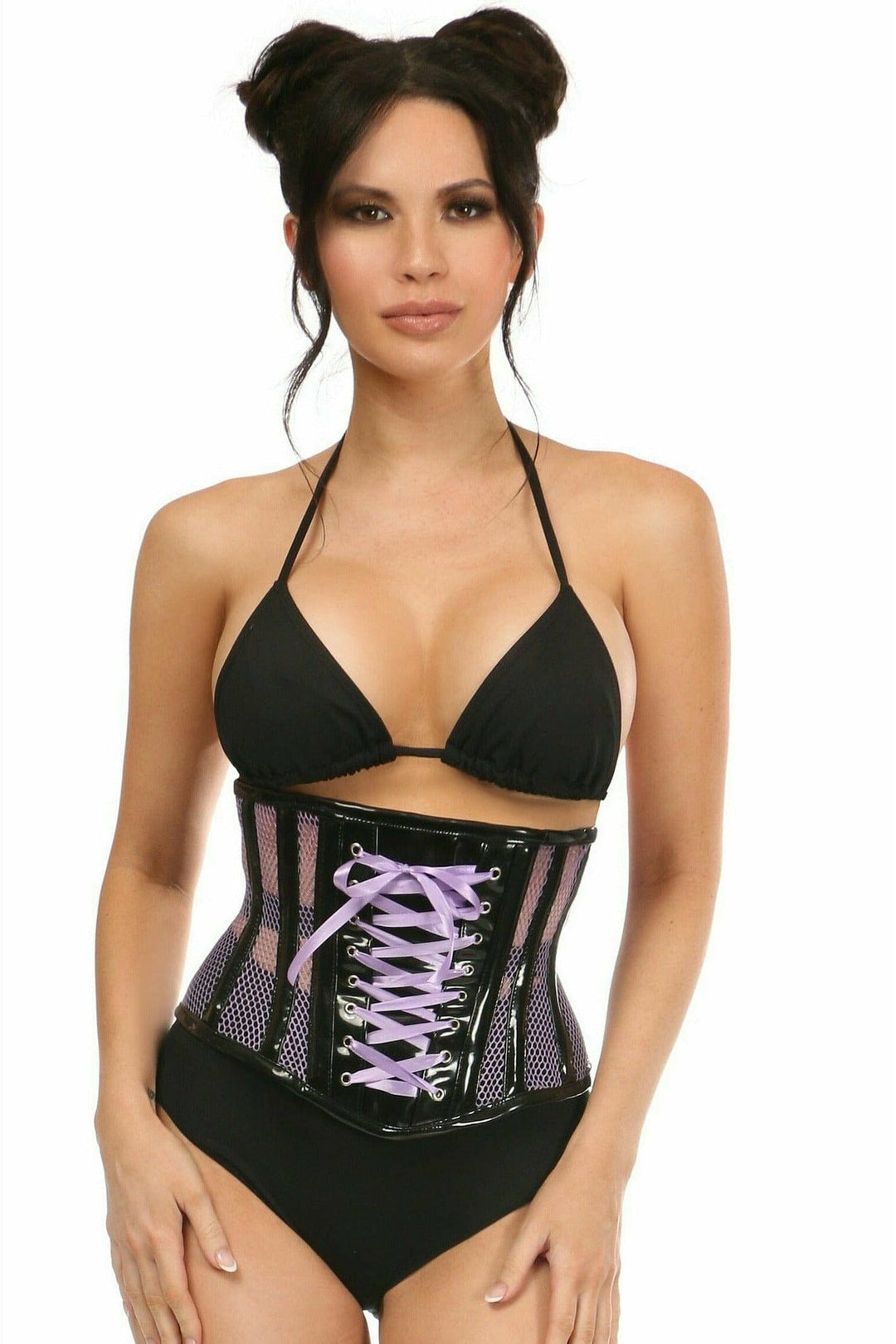 Daisy Corsets Top Drawer Purple Patent & Fishnet Underbust Corset in Purple  from SexyShoes.com