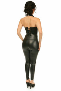 Daisy Corsets Top Drawer Black Faux Leather Steel Boned Collared Bustier Top in Black 