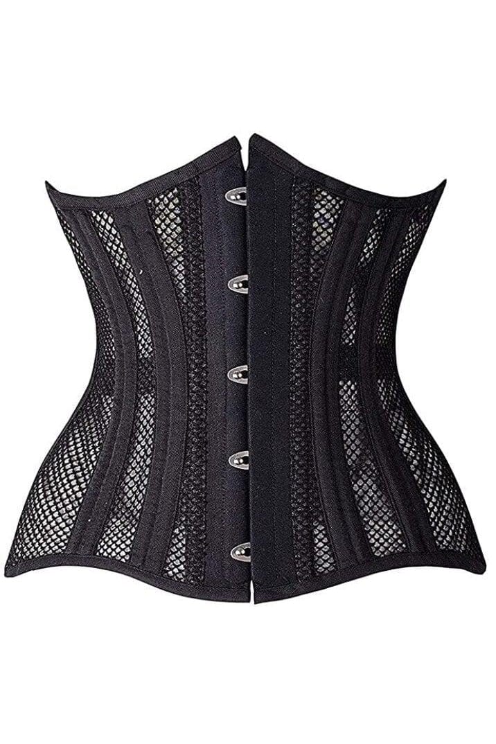 Daisy Corsets Top Drawer Black Fishnet Double Steel Boned Curvy Cut Waist Cincher Corset in Black  from SexyShoes.com