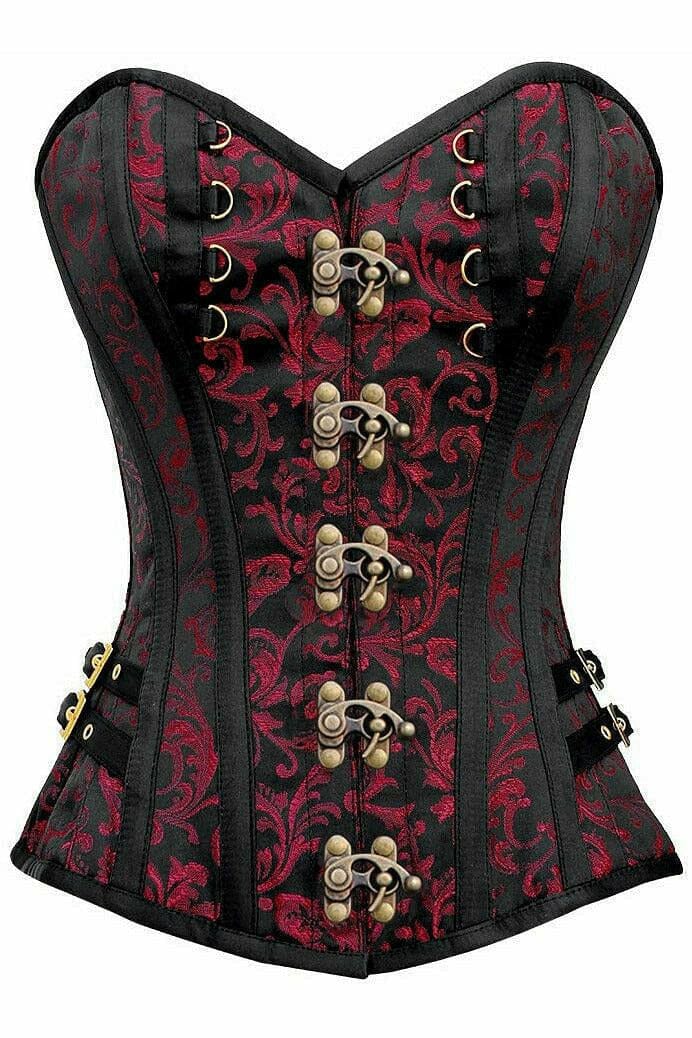 Top Drawer Black/Red Swirl Brocade Steel Boned Overbust Corset w/Buckles-Overbust Corsets-Daisy Corsets-Black-S-SEXYSHOES.COM