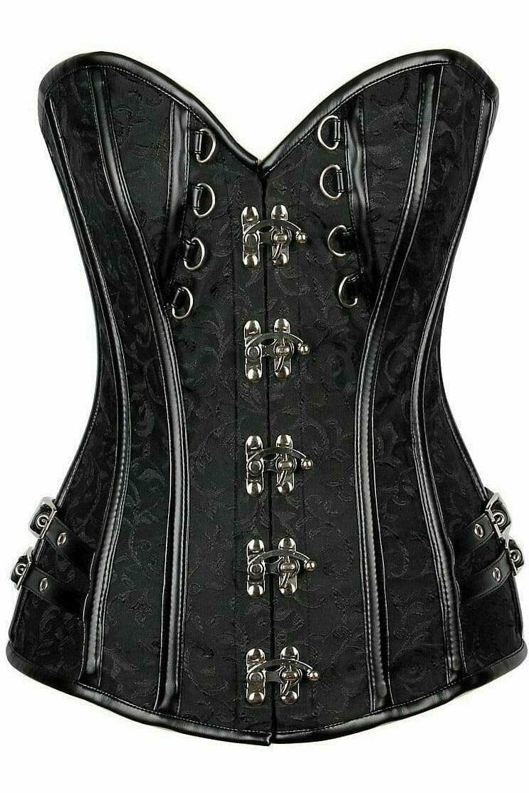 Daisy Corsets Top Drawer Brocade & Faux Leather Steel Boned Corset in Black  from SexyShoes.com