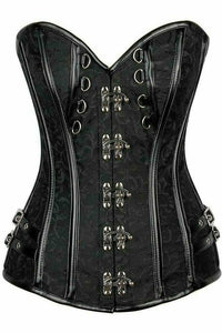 Daisy Corsets Top Drawer Brocade & Faux Leather Steel Boned Corset in Black  from SexyShoes.com