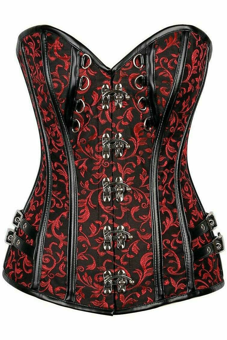 Top Drawer Brocade & Faux Leather Steel Boned Corset-Steel Boned Overbust-Daisy Corsets-Black-S-SEXYSHOES.COM