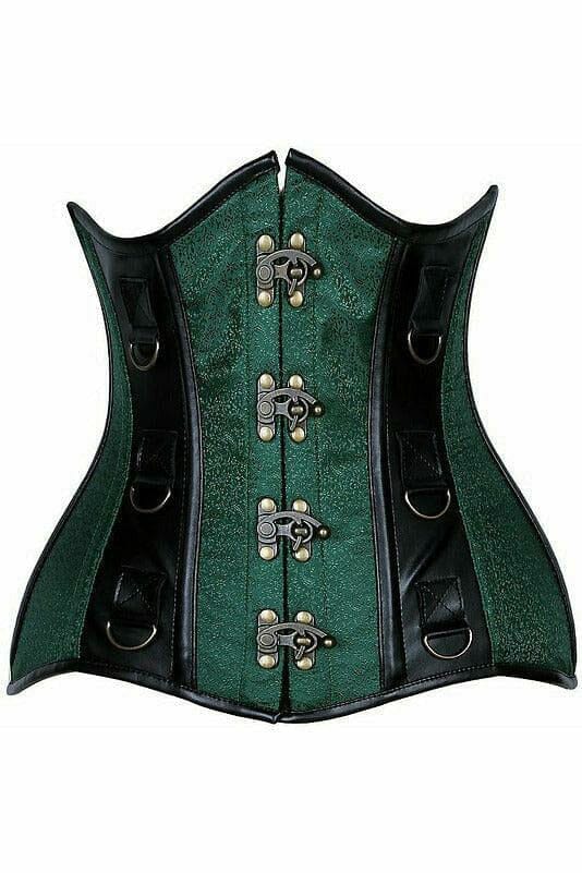 Top Drawer Dark Green Brocade & Faux Leather Steel Boned Under Bust Corset-Steel Boned Underbust-Daisy Corsets-Green-S-SEXYSHOES.COM