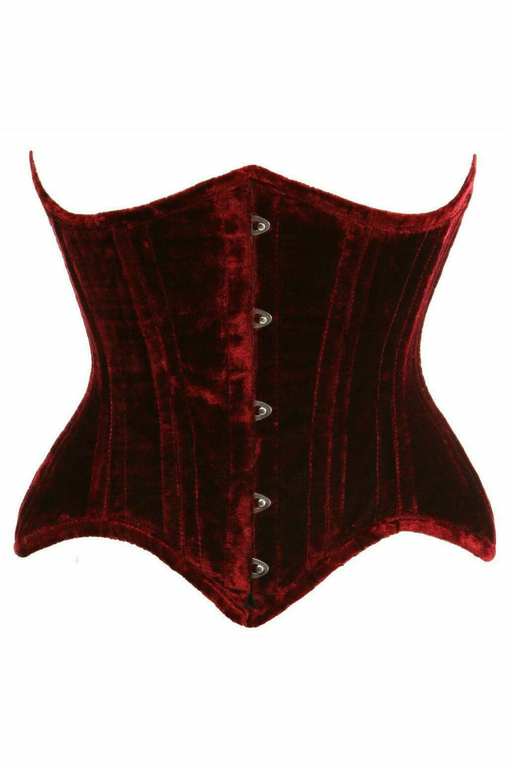 Top Drawer Dark Red Crushed Velvet Double Steel Boned Curvy Cut Waist Cincher Corset-Waist Cinchers-Daisy Corsets-Red-S-SEXYSHOES.COM