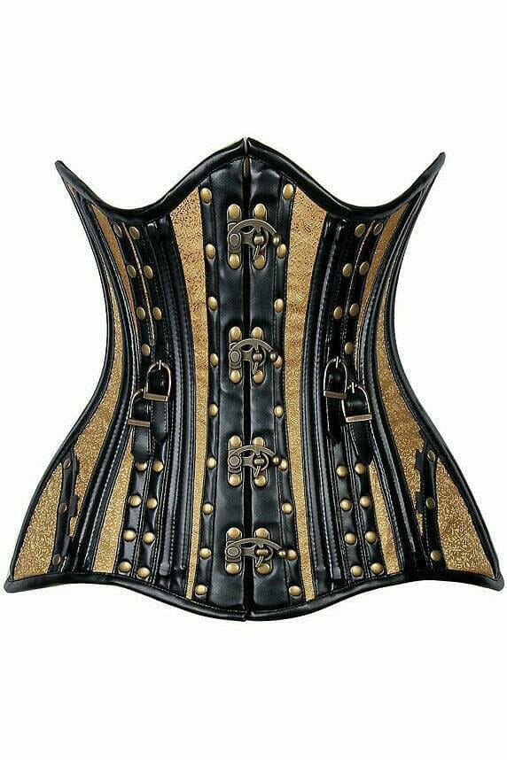 Daisy Corsets Top Drawer Faux Leather & Gold Brocade Steel Boned Under Bust Corset in Black  from SexyShoes.com